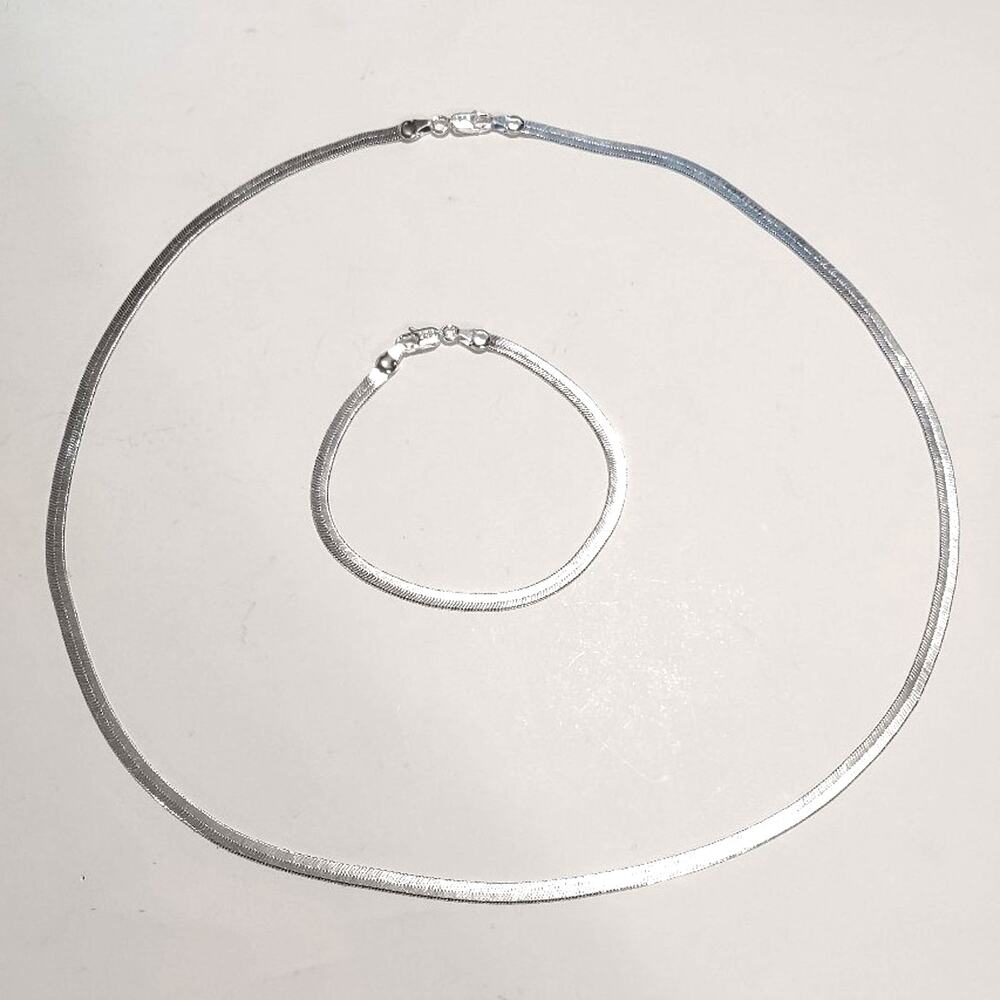 925 Sterling Silver Herringbone Necklace Bracelet Set Bundle Birthday Gift NEW! - Picture 4 of 4